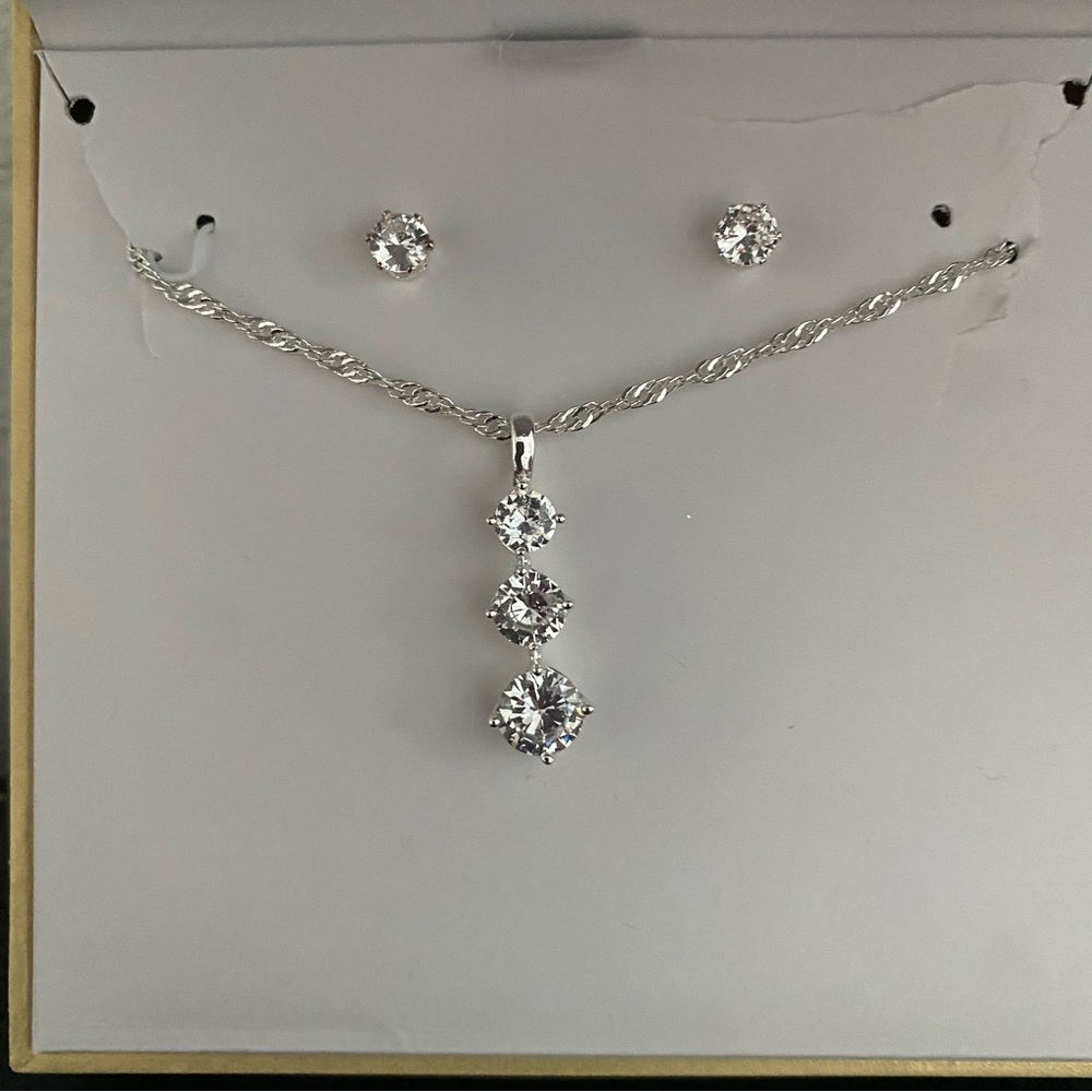 Charter Club Silver-Tone Crystal Pendant 3 stone Necklace & Stud Earrings Set
